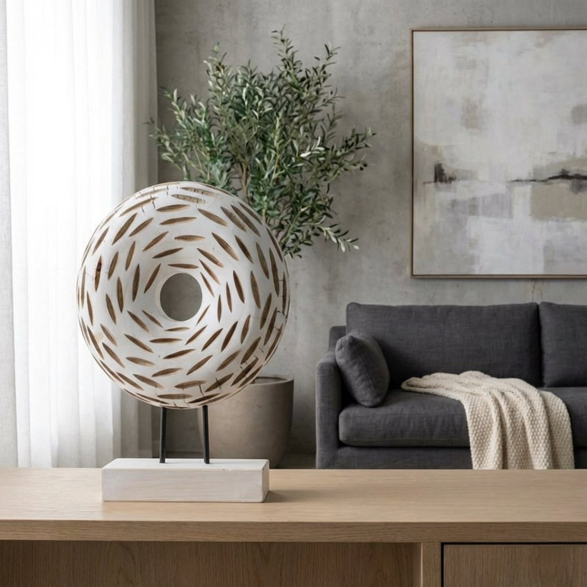 Ivory Orbit - White Wood Circular Sculpture - Northgrove - 