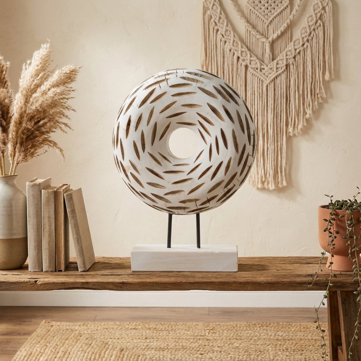 Ivory Orbit - White Wood Circular Sculpture - Northgrove - 